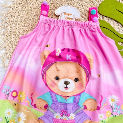  Vestido com Alcinha de Pompom e Ursinha de Bicicleta - Rosa